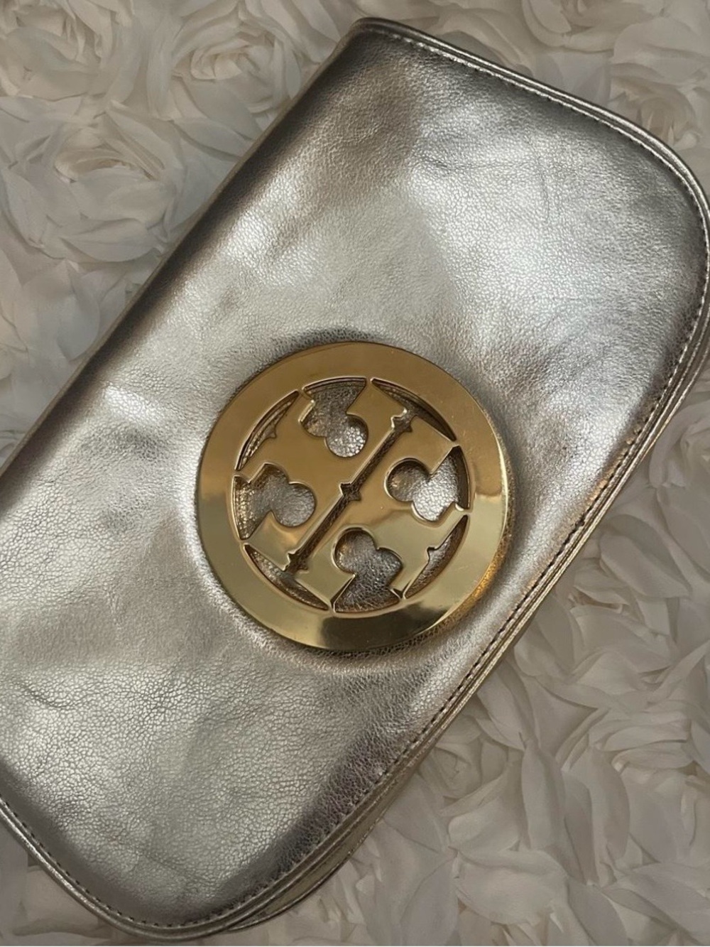 Tory Burch Metallic Gold Leather Clutch / Shoulder Bag with Gold Logo